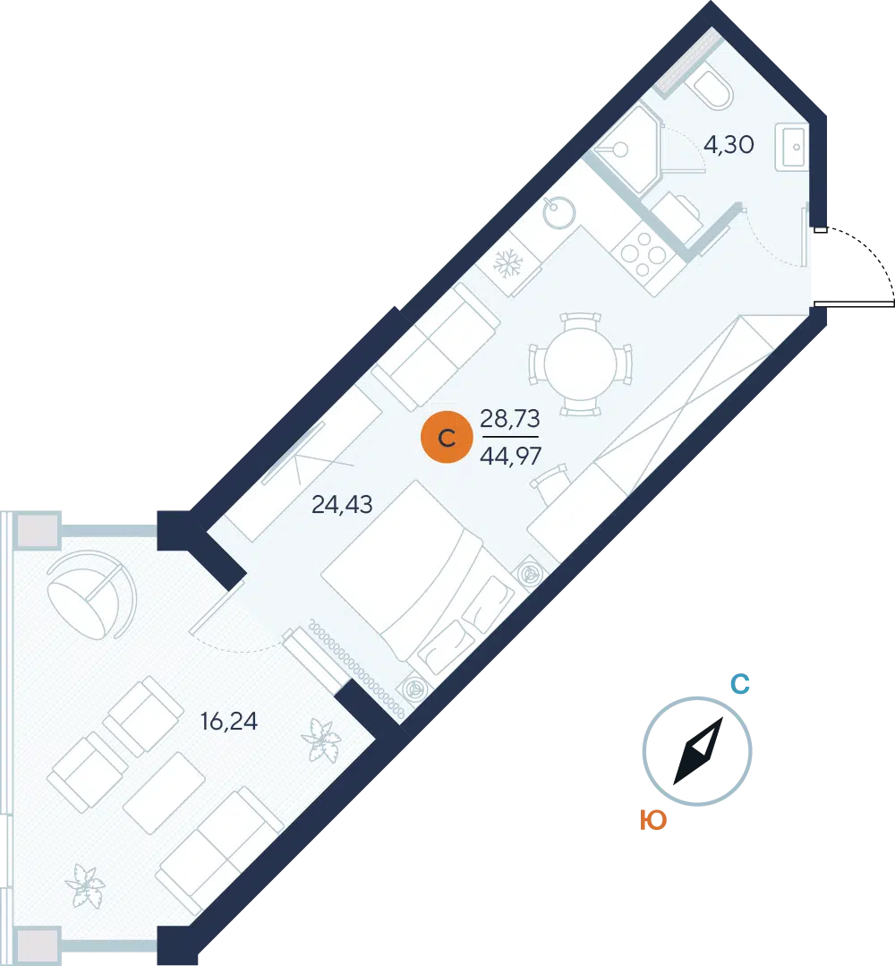 Планировка: Студия 44.97 м² в новостройке ЖК Альба дель Маре