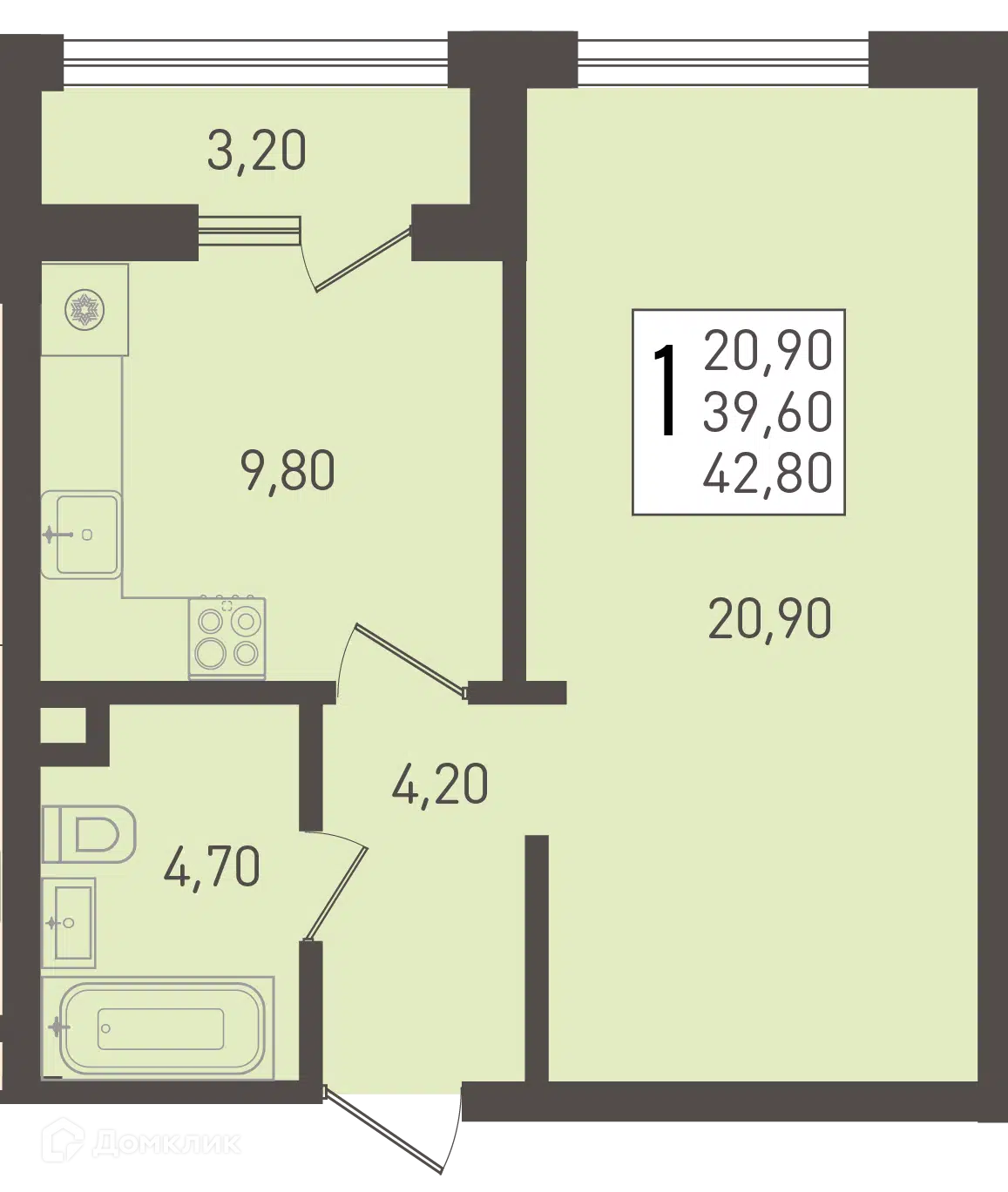 Планировка: 1-комн. квартира 42.80 м² в новостройке Югге