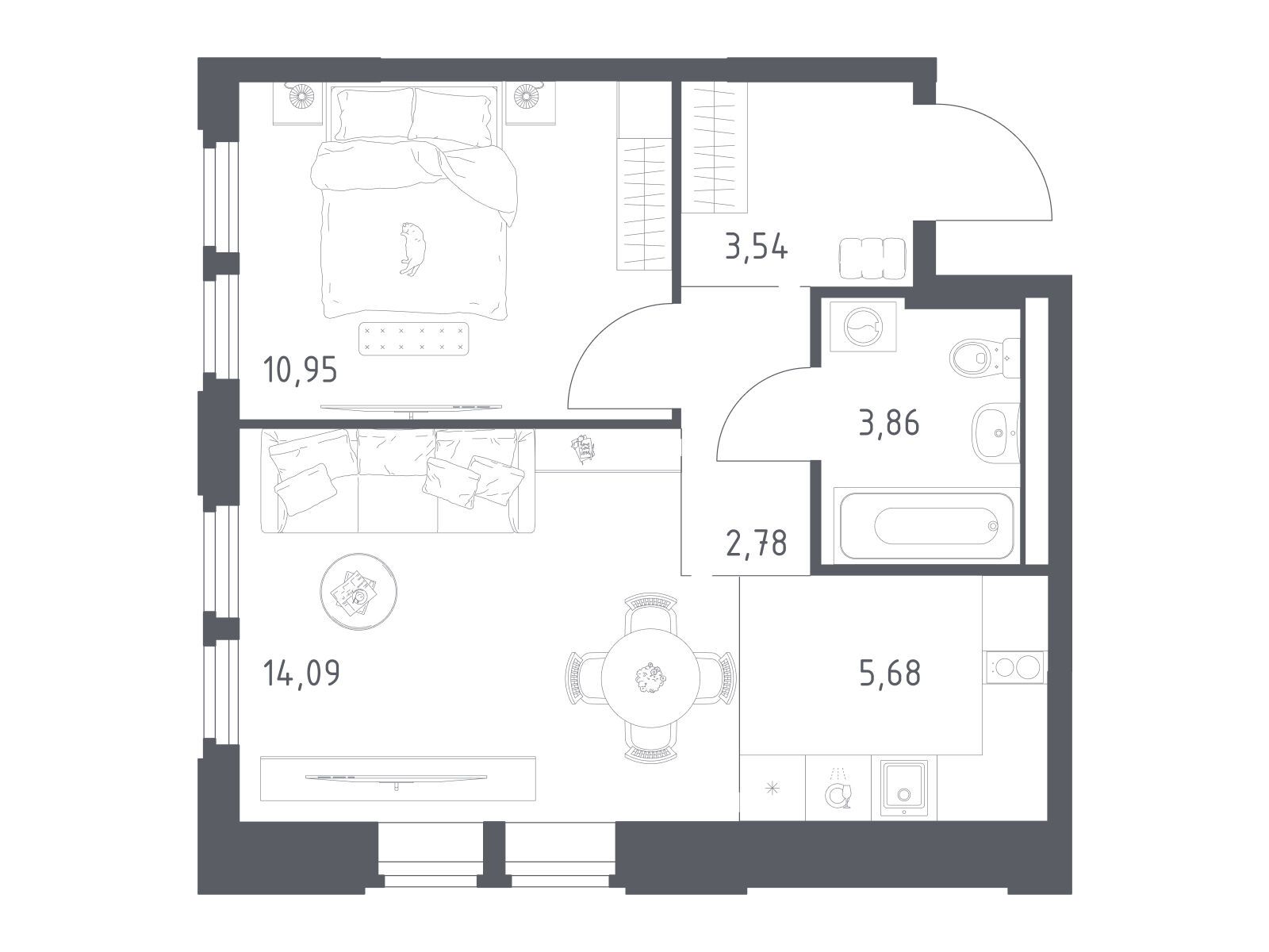 Планировка: 1-комн. квартира 40.90 м² в новостройке Космический квартал