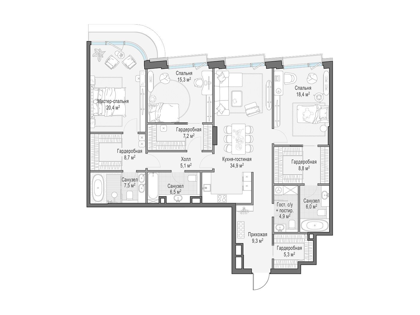 Планировка: 3-комн. квартира 160.20 м² в новостройке Палашёвский 11