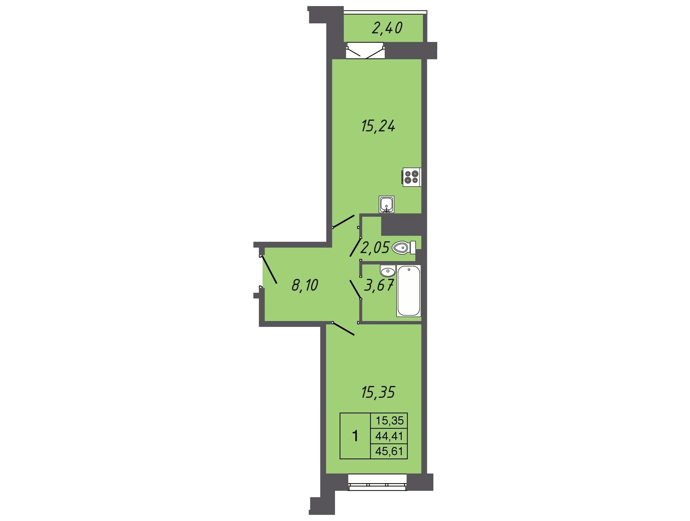 Планировка: 1-комн. квартира 45.50 м² в новостройке Апрель
