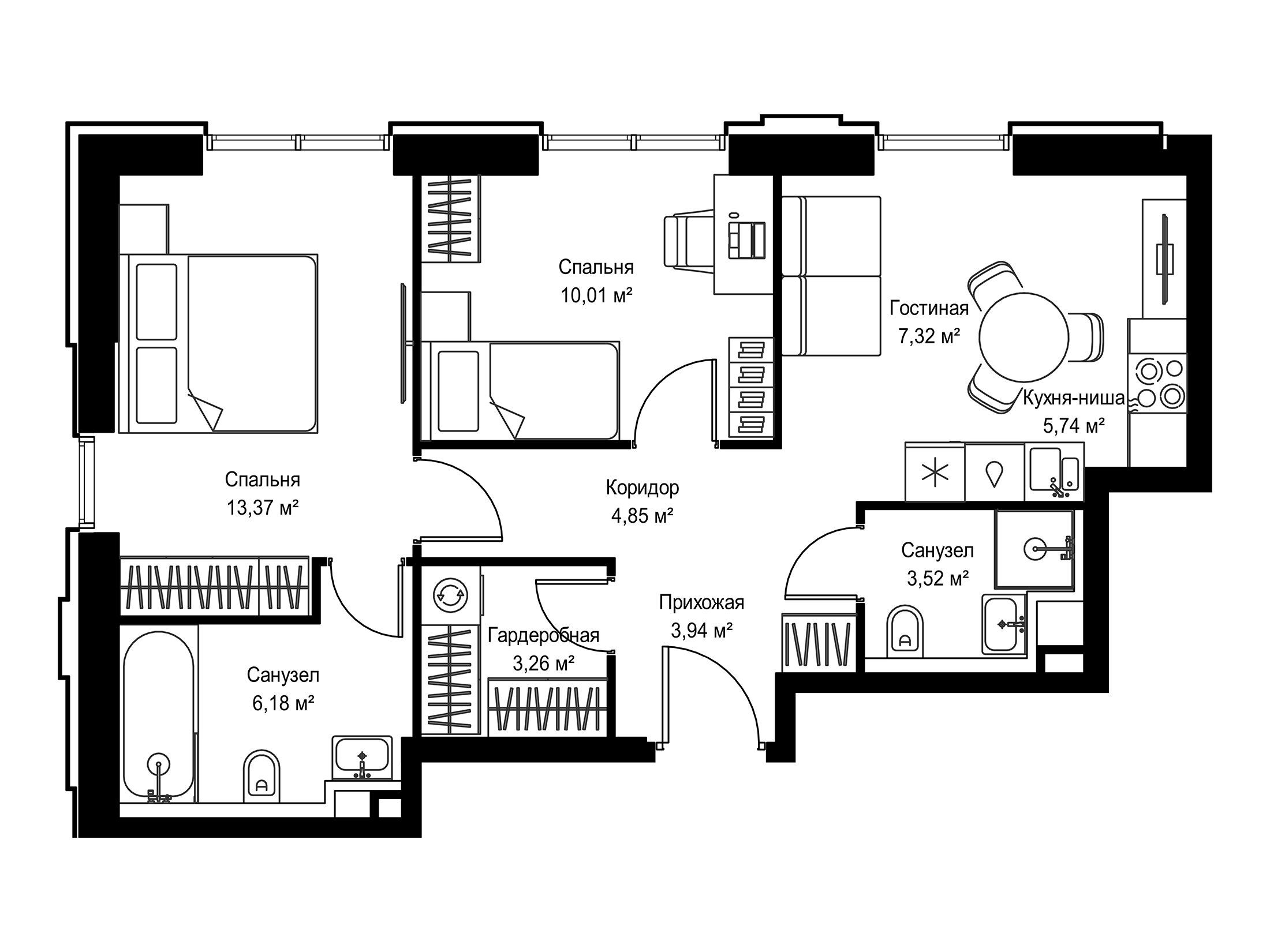 Планировка: 2-комн. квартира 58.19 м² в новостройке Селигер Сити