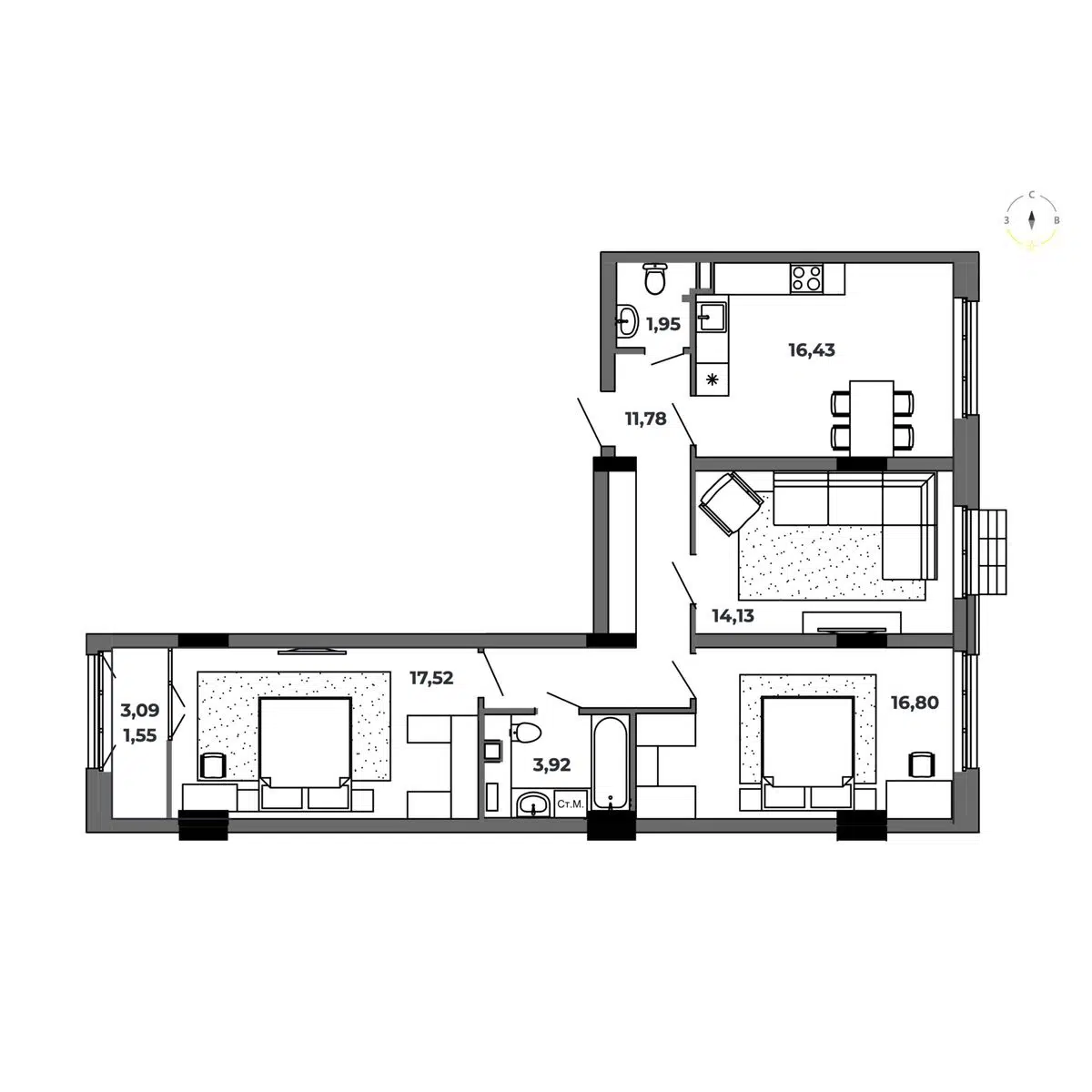 Планировка: 3-комн. квартира 84.08 м² в новостройке Красный Пахарь
