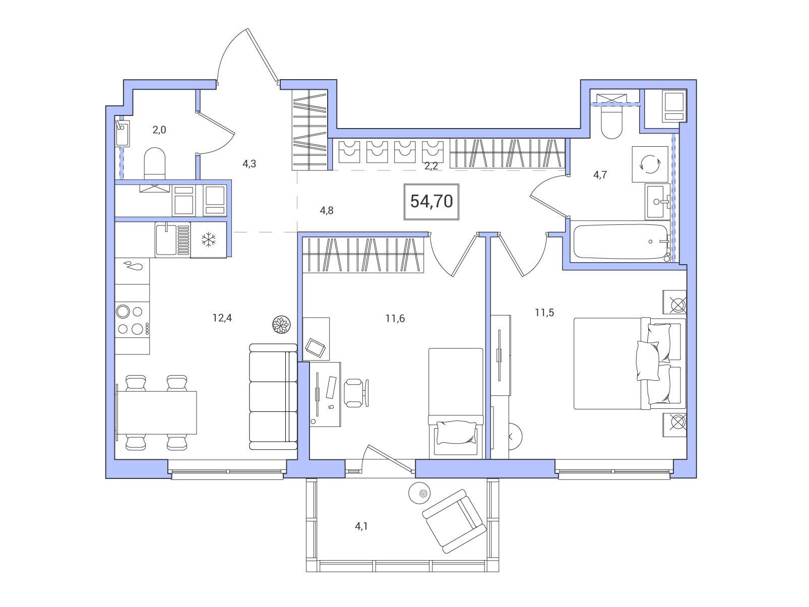 Планировка: 2-комн. квартира 54.70 м² в новостройке ЖК Янила Форест