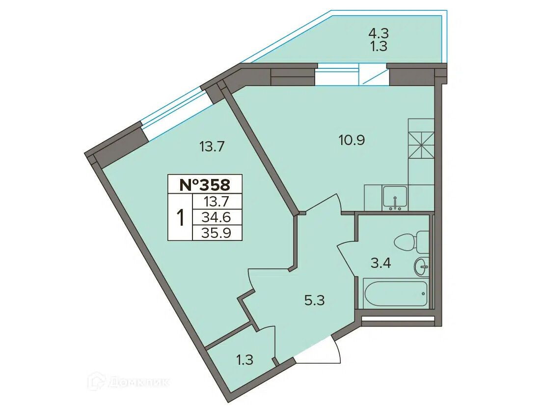 Планировка: 1-комн. квартира 35.90 м² в новостройке Капральский