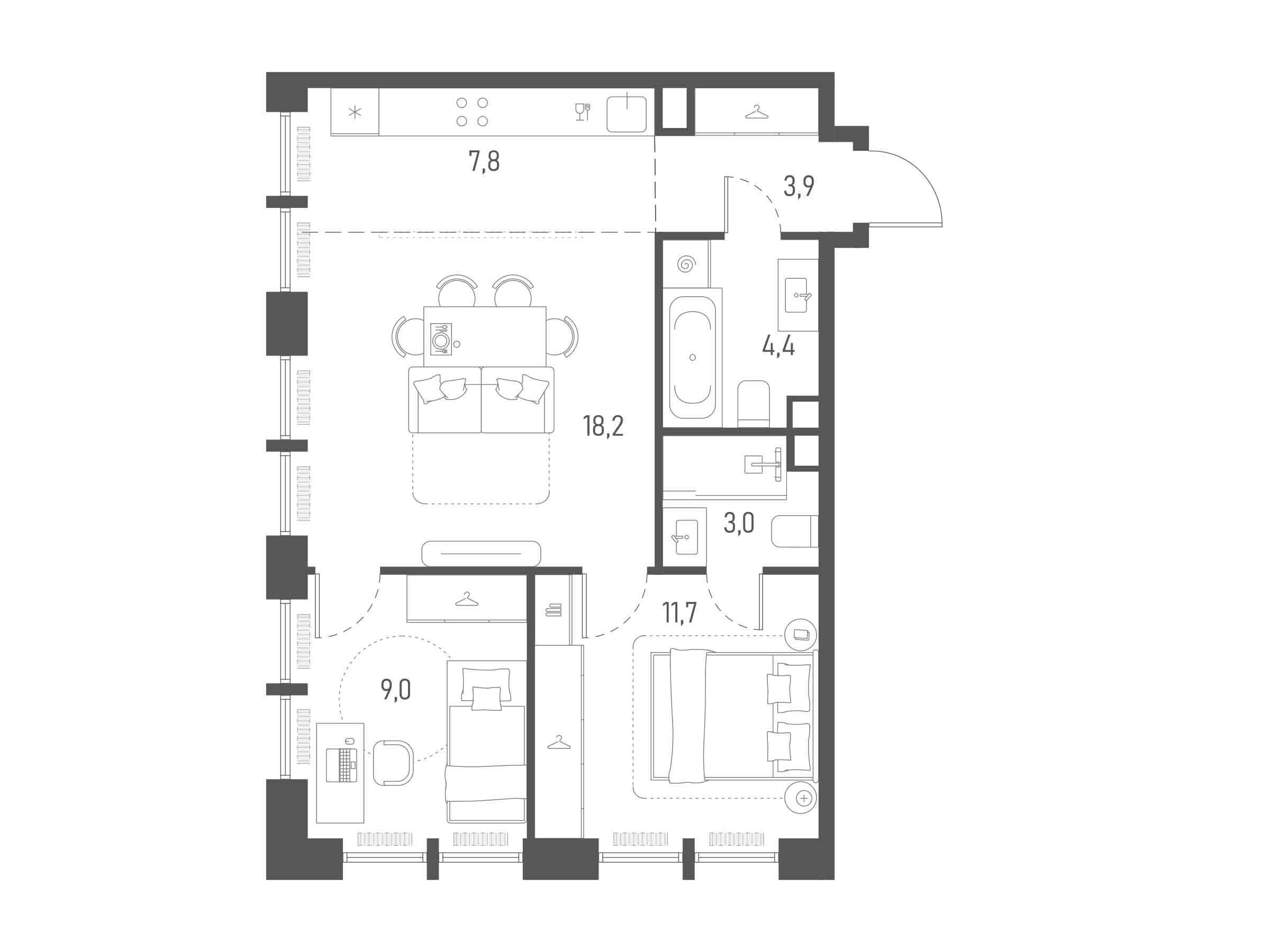 Планировка: 2-комн. квартира 58.00 м² в новостройке Среда на Лобачевского