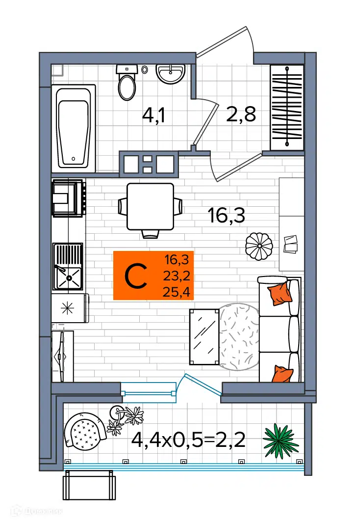 Планировка: Студия 25.40 м² в новостройке Сармат