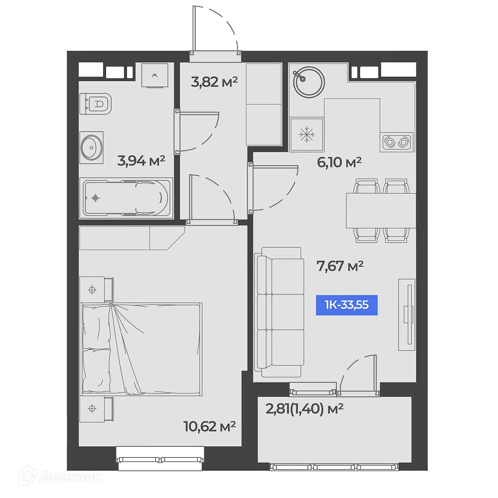 Планировка: 1-комн. квартира 33.55 м² в новостройке Соловей