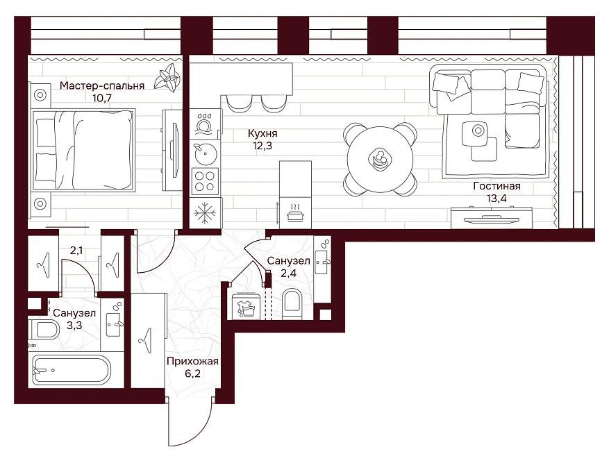 Планировка: 1-комн. квартира 52.60 м² в новостройке Дом 7 Даниловский
