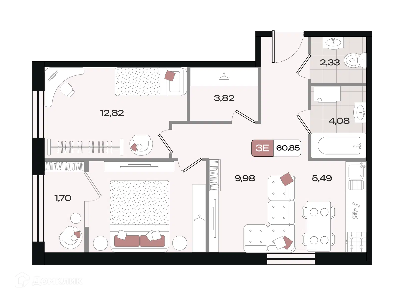 Планировка: 3-комн. квартира 60.85 м² в новостройке Коллекция