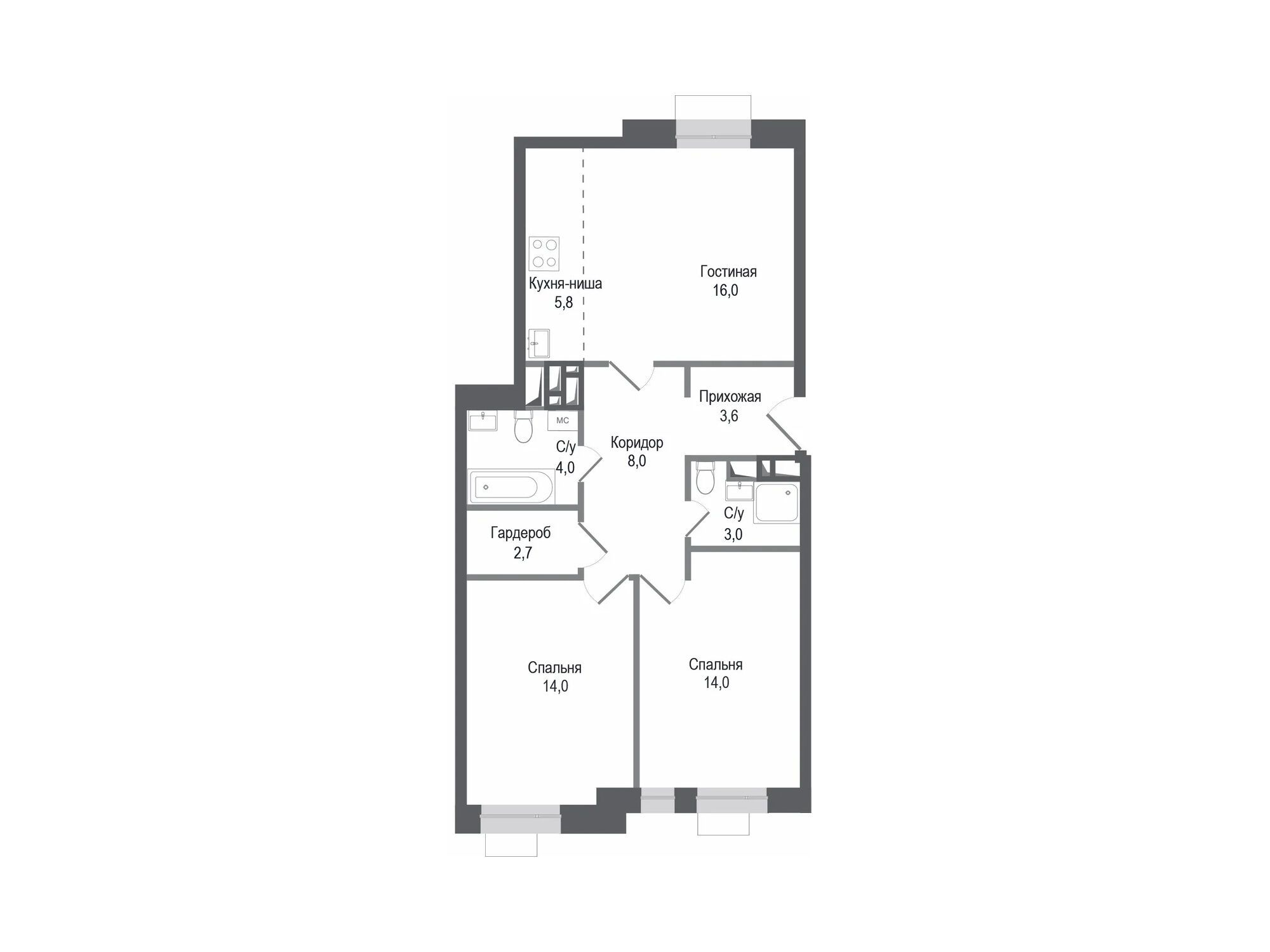 Планировка: 3-комн. квартира 71.10 м² в новостройке Киноквартал