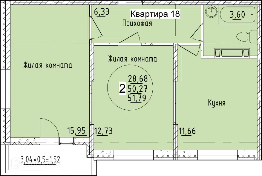 Планировка: 2-комн. квартира 51.79 м² в новостройке Друг