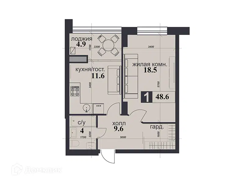 Планировка: 1-комн. квартира 48.60 м² в новостройке Надежда
