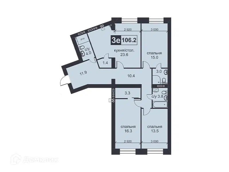 Планировка: 3-комн. квартира 106.20 м² в новостройке Михайловский