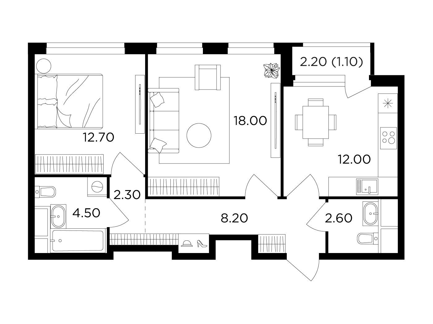 Планировка: 2-комн. квартира 61.40 м² в новостройке Филатов луг