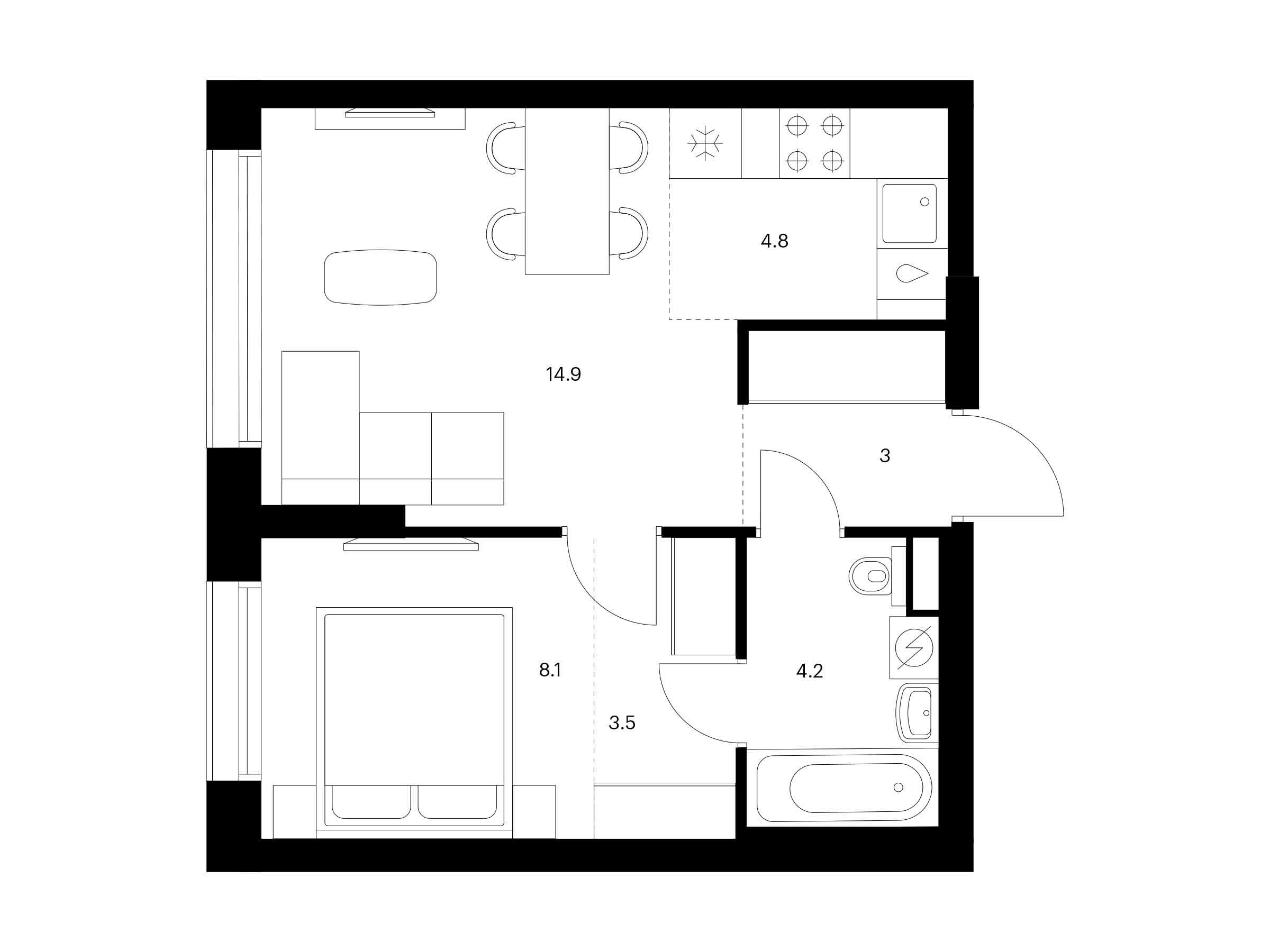 Планировка: 1-комн. квартира 38.50 м² в новостройке Кутузовский квартал