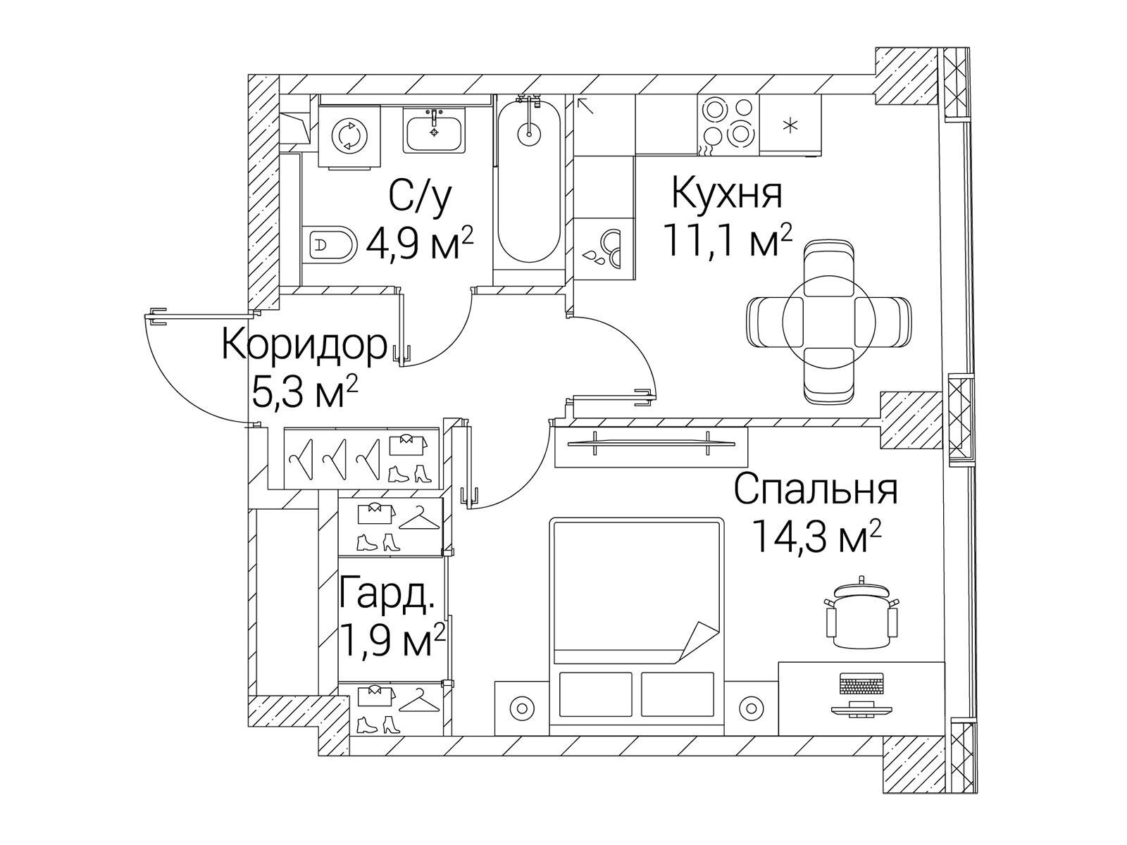 Планировка: 1-комн. квартира 37.50 м² в новостройке Сезар Будущее