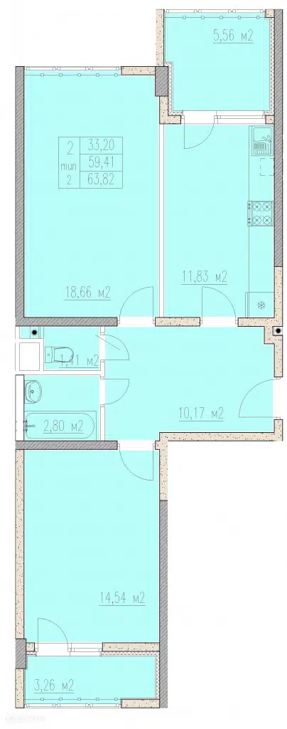 Планировка: 2-комн. квартира 63.82 м² в новостройке Агой-парк