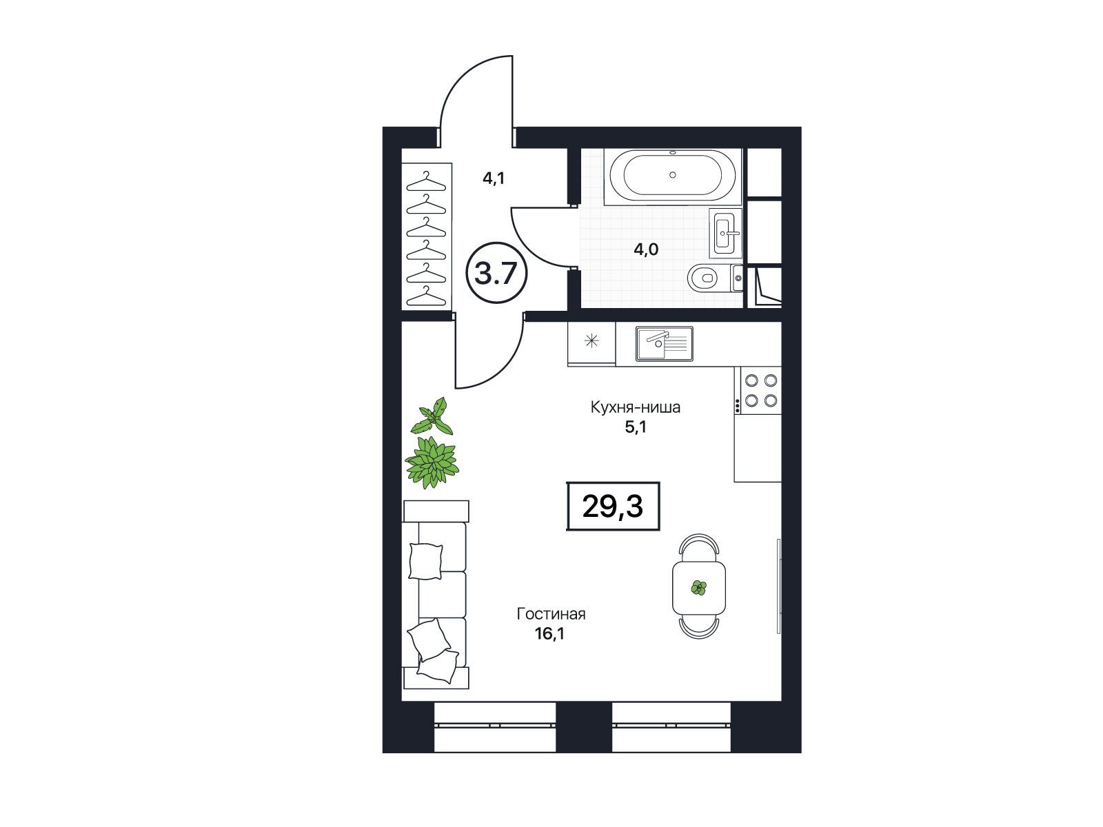 Планировка: Студия 29.30 м² в новостройке ЖК Пушкино Град
