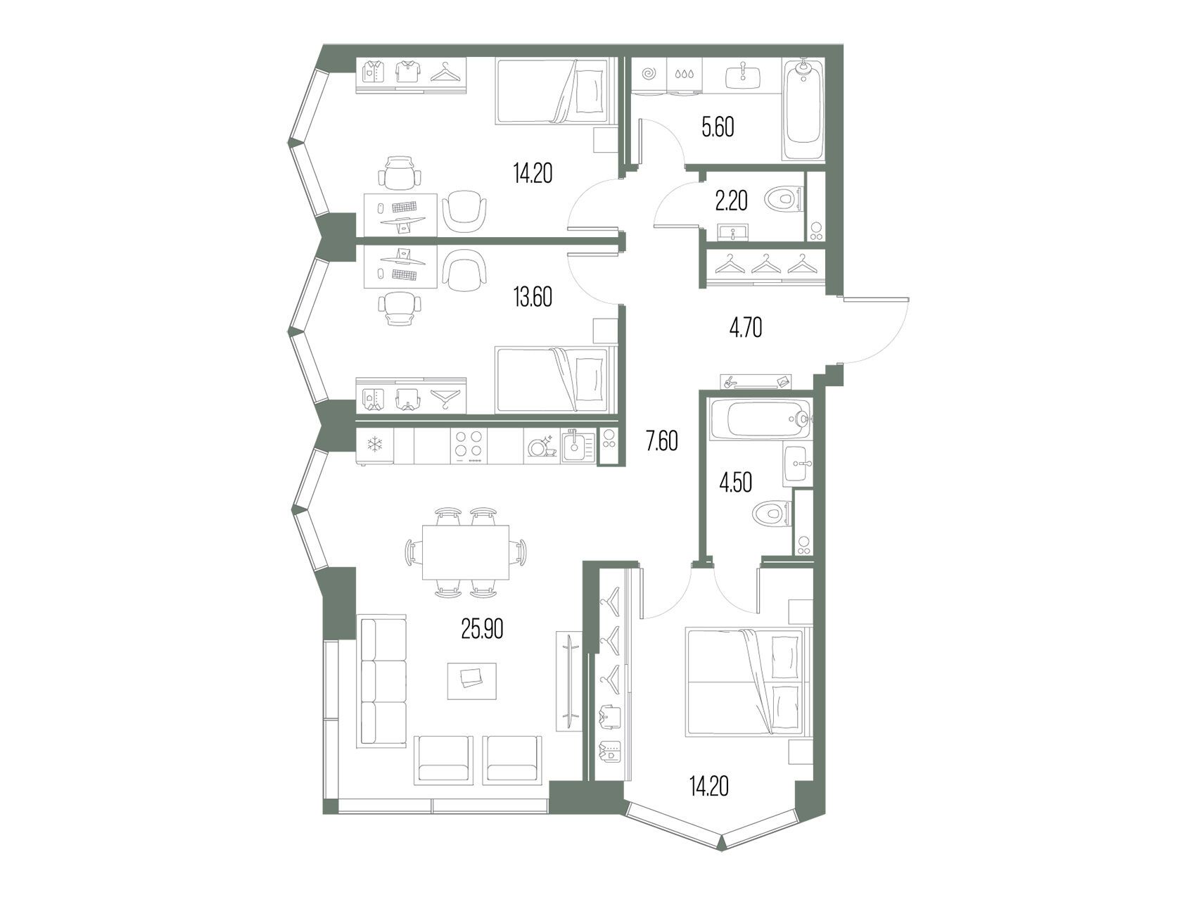 Планировка: 3-комн. квартира 92.50 м² в новостройке Северный Порт