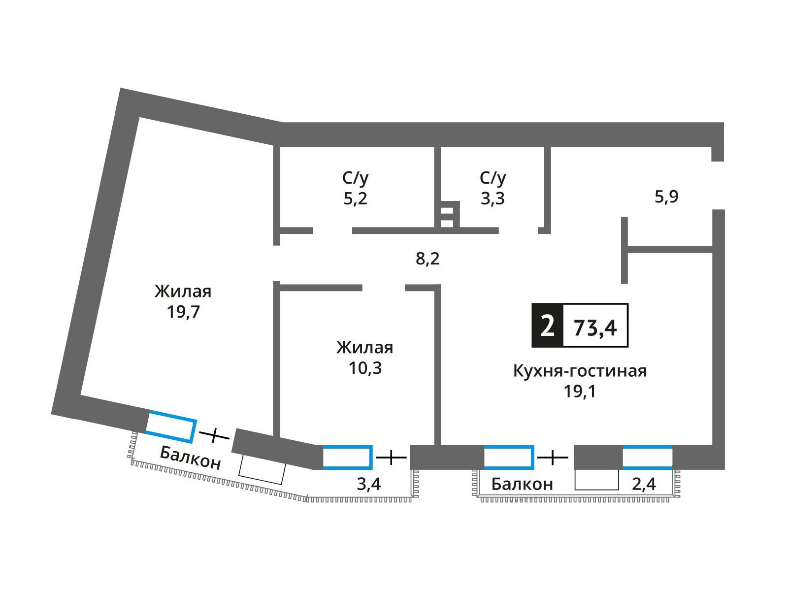 Планировка: 2-комн. квартира 71.50 м² в новостройке Отрада на реке