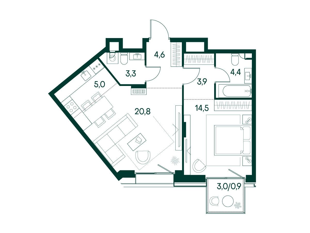 Планировка: 1-комн. квартира 57.40 м² в новостройке Примавера