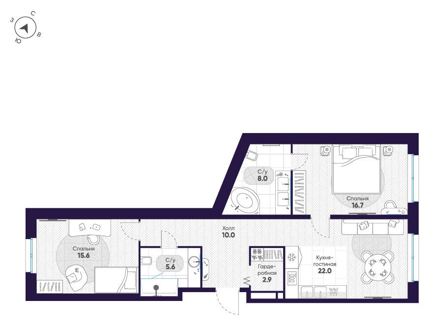 Планировка: 2-комн. квартира 80.80 м² в новостройке ЛДМ