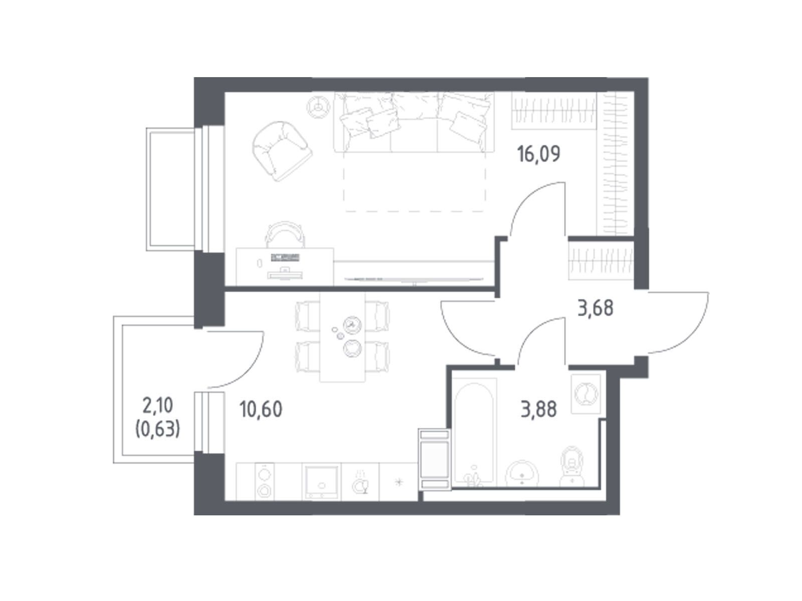 Планировка: 1-комн. квартира 34.30 м² в новостройке Томилино Парк