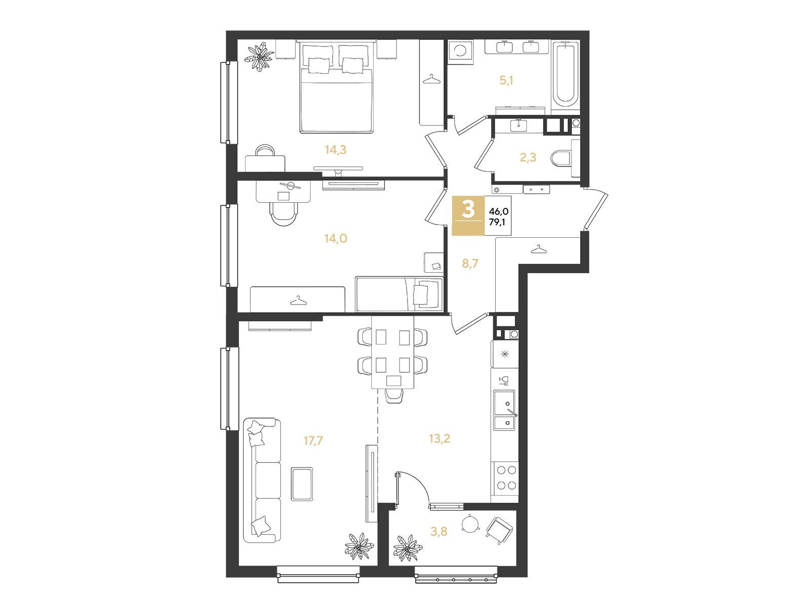 Планировка: 3-комн. квартира 79.10 м² в новостройке Ридз