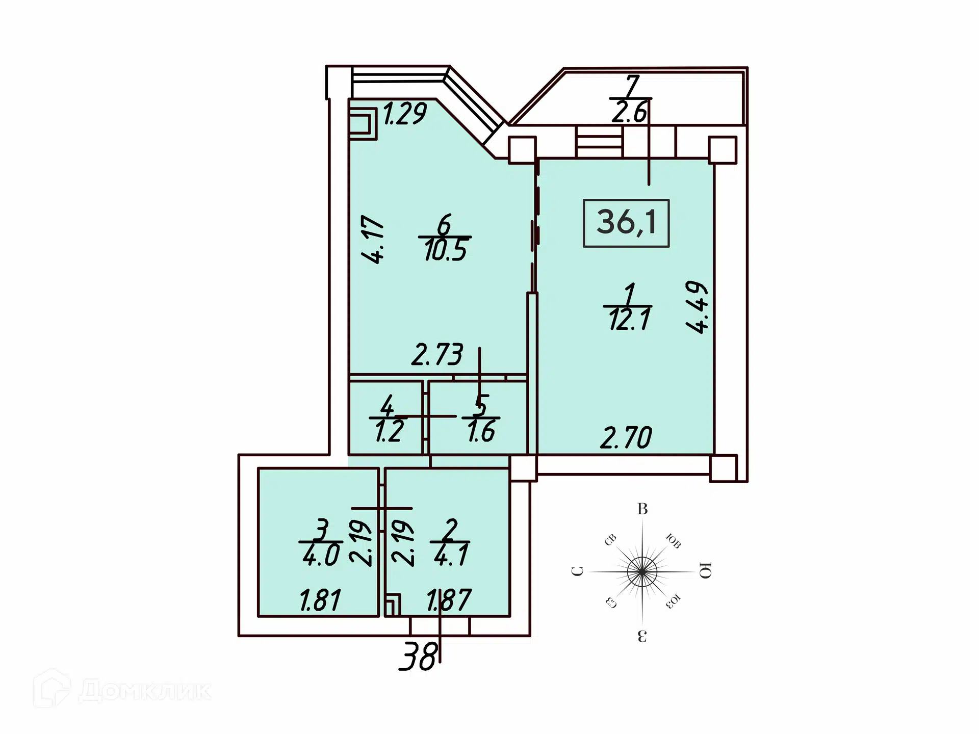 Планировка: 1-комн. квартира 36.10 м² в новостройке Кленовая роща