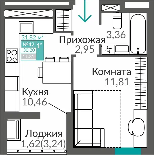Планировка: 1-комн. квартира 30.20 м² в новостройке ЖК Горизонты-3