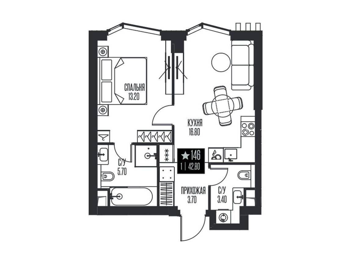 Планировка: 1-комн. квартира 42.80 м² в новостройке Айс Тауэрс