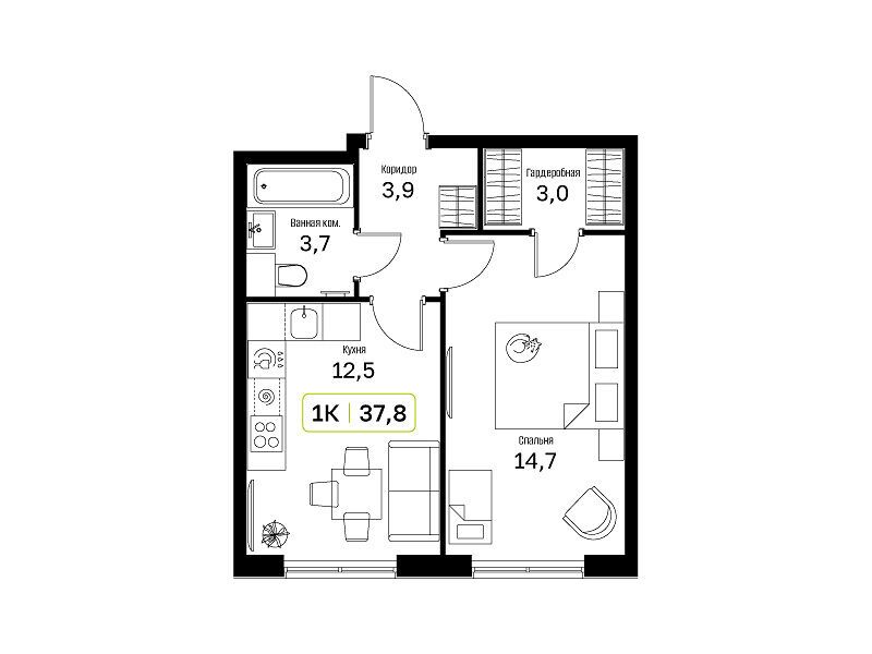 Планировка: 1-комн. квартира 37.80 м² в новостройке Новый Зеленоград