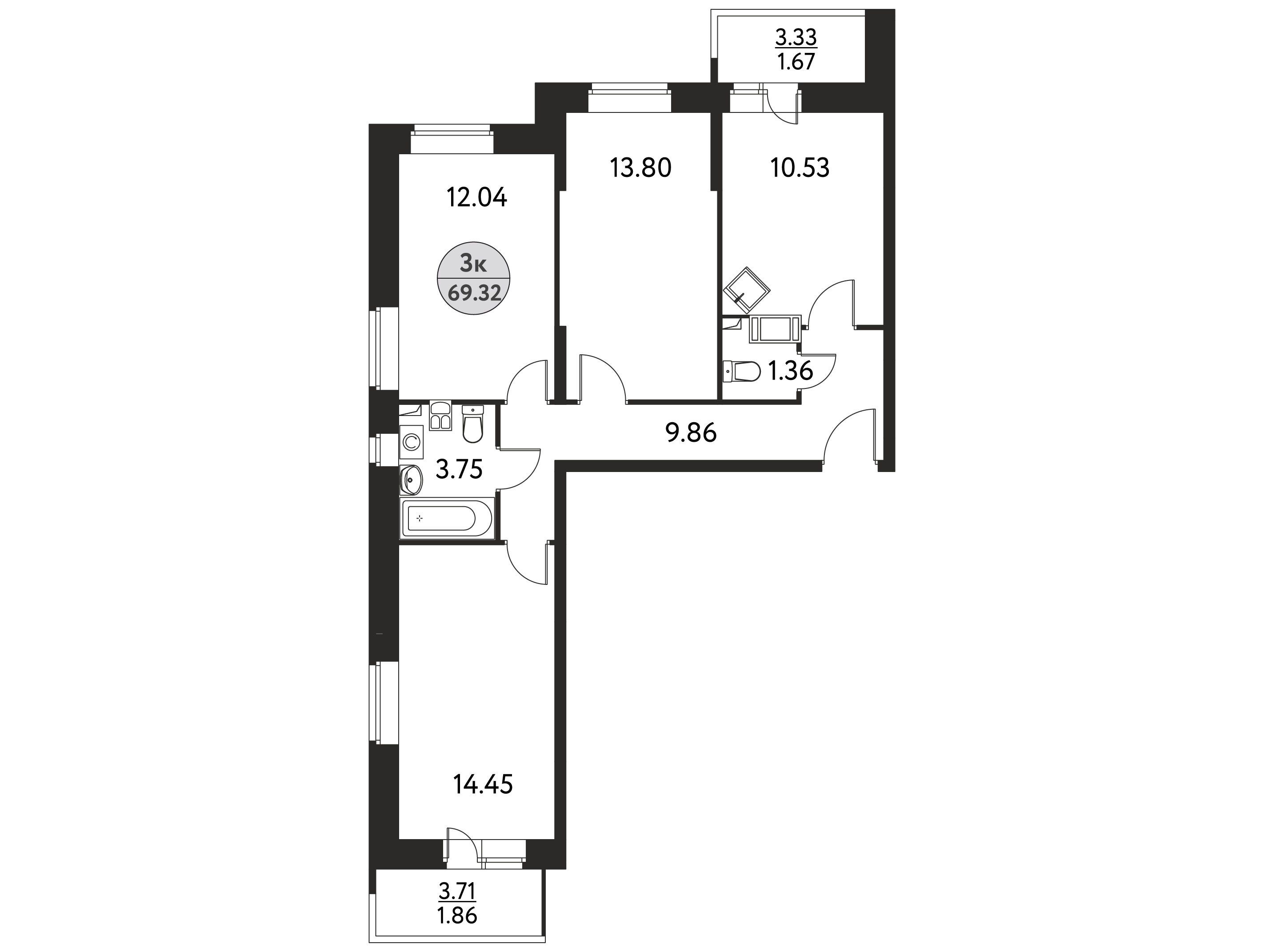 Планировка: 3-комн. квартира 69.32 м² в новостройке Дом на Сиреневой