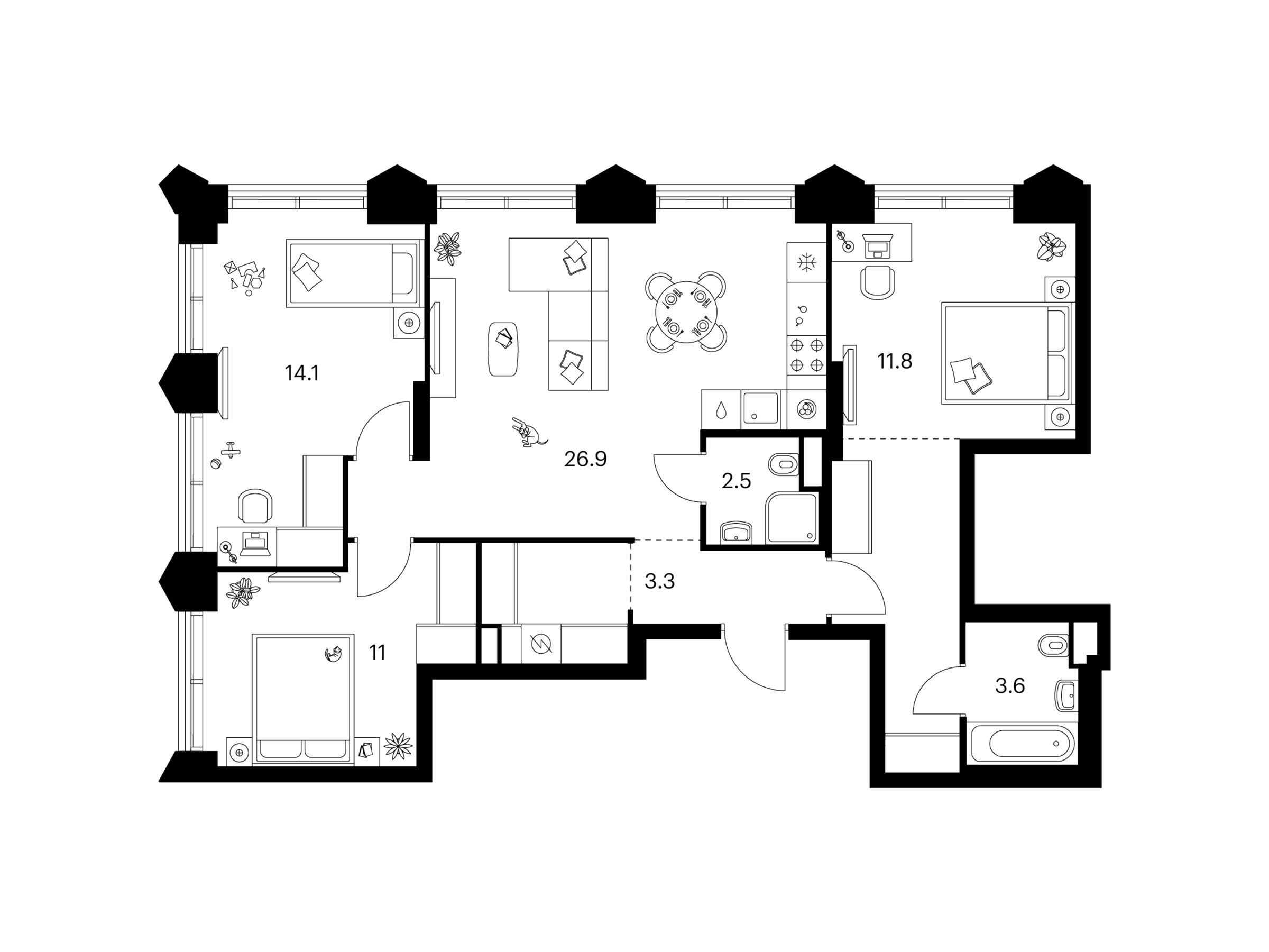 Планировка: 3-комн. квартира 84.80 м² в новостройке Матвеевский парк