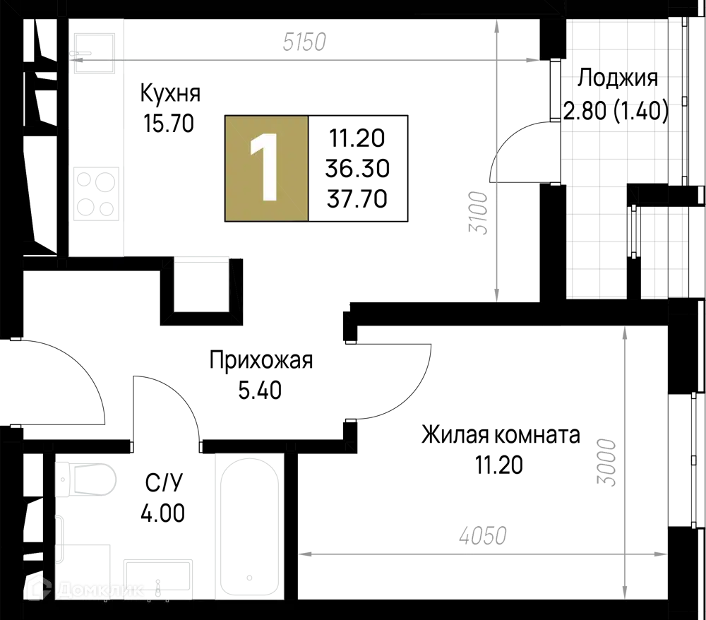Планировка: 1-комн. квартира 37.70 м² в новостройке На Высоком берегу