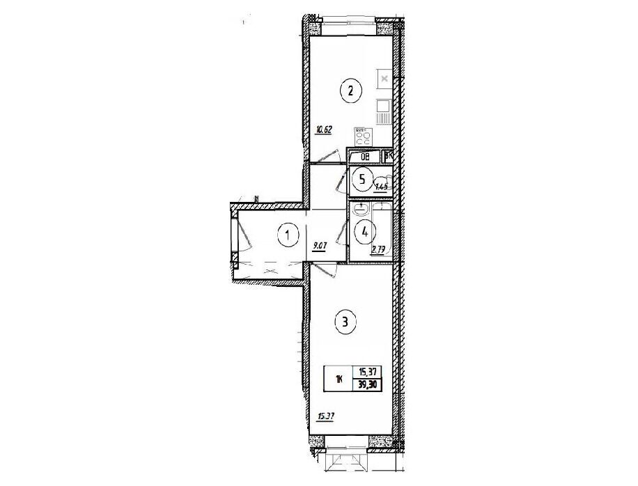 Планировка: 1-комн. квартира 39.30 м² в новостройке Парковый