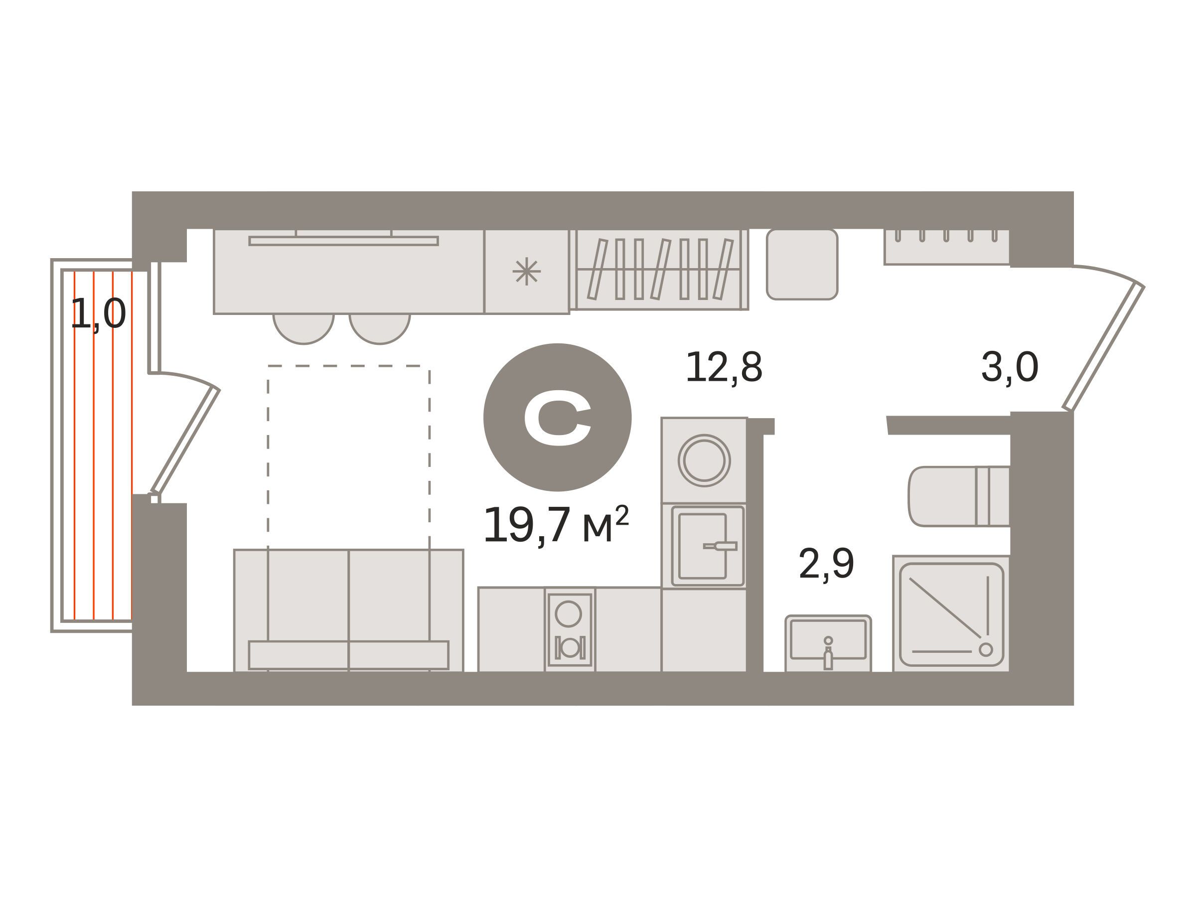 Планировка: Студия 19.70 м² в новостройке Первый квартал