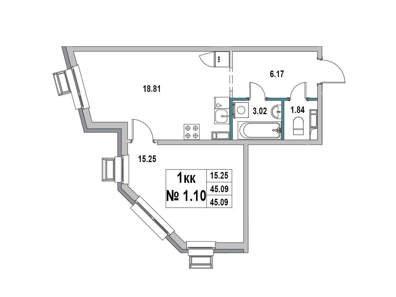 Планировка: 1-комн. квартира 45.09 м² в новостройке ЖК Новый город (Выборг)