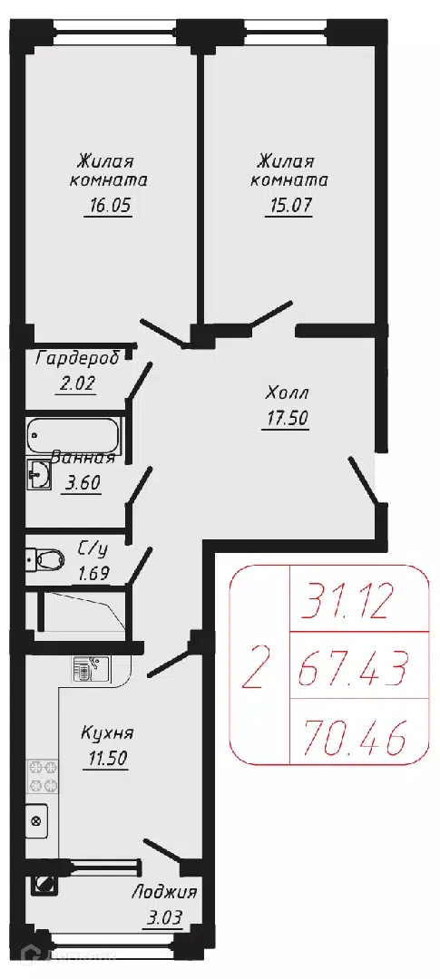 Планировка: 2-комн. квартира 70.46 м² в новостройке По ул. Фоменко