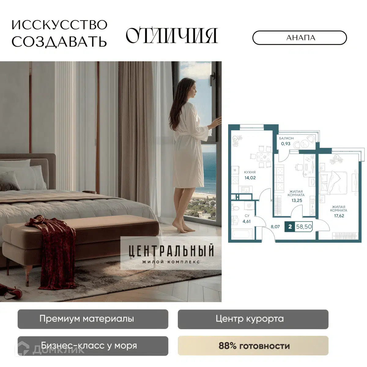 Планировка: 2-комн. квартира 58.50 м² в новостройке Центральный