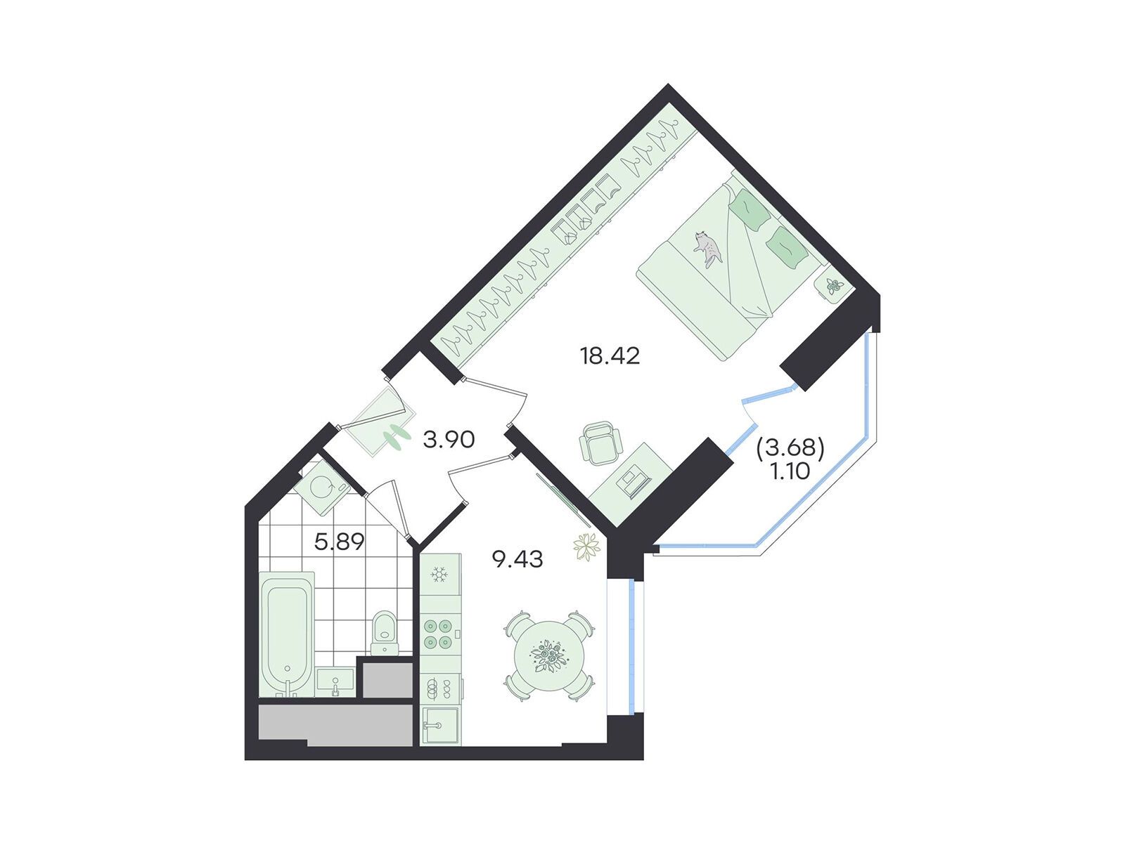 Планировка: 1-комн. квартира 38.74 м² в новостройке Джи Три Новый Весенний