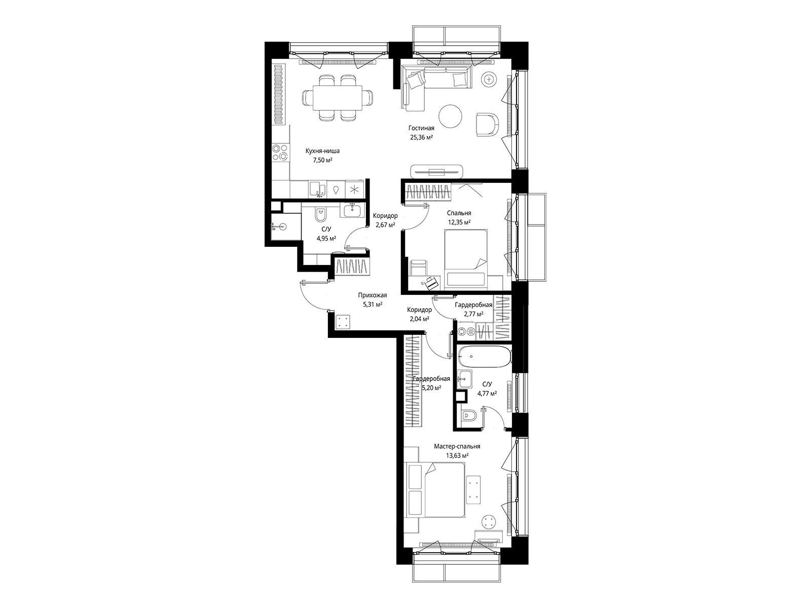 Планировка: 2-комн. квартира 86.55 м² в новостройке Мыс