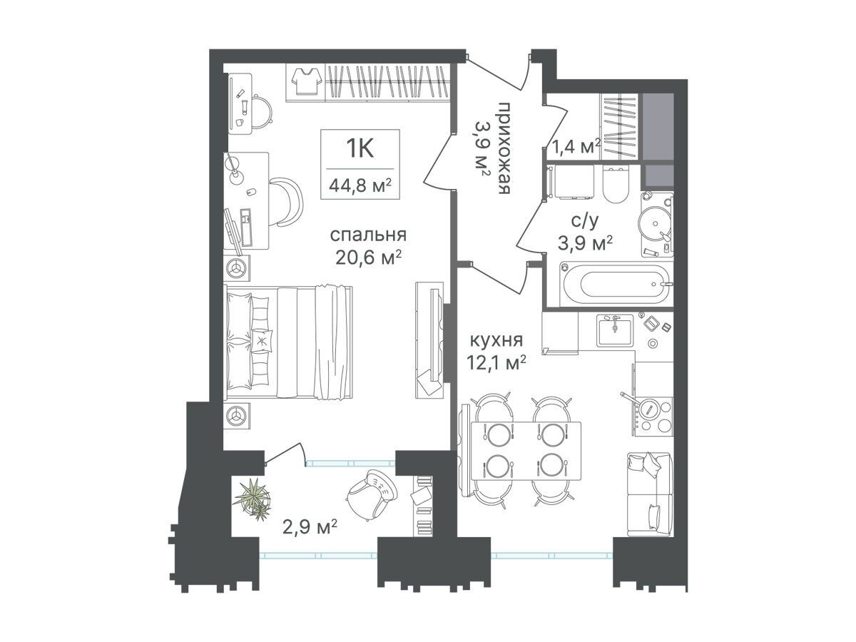 Планировка: 1-комн. квартира 44.80 м² в новостройке Варшавские ворота