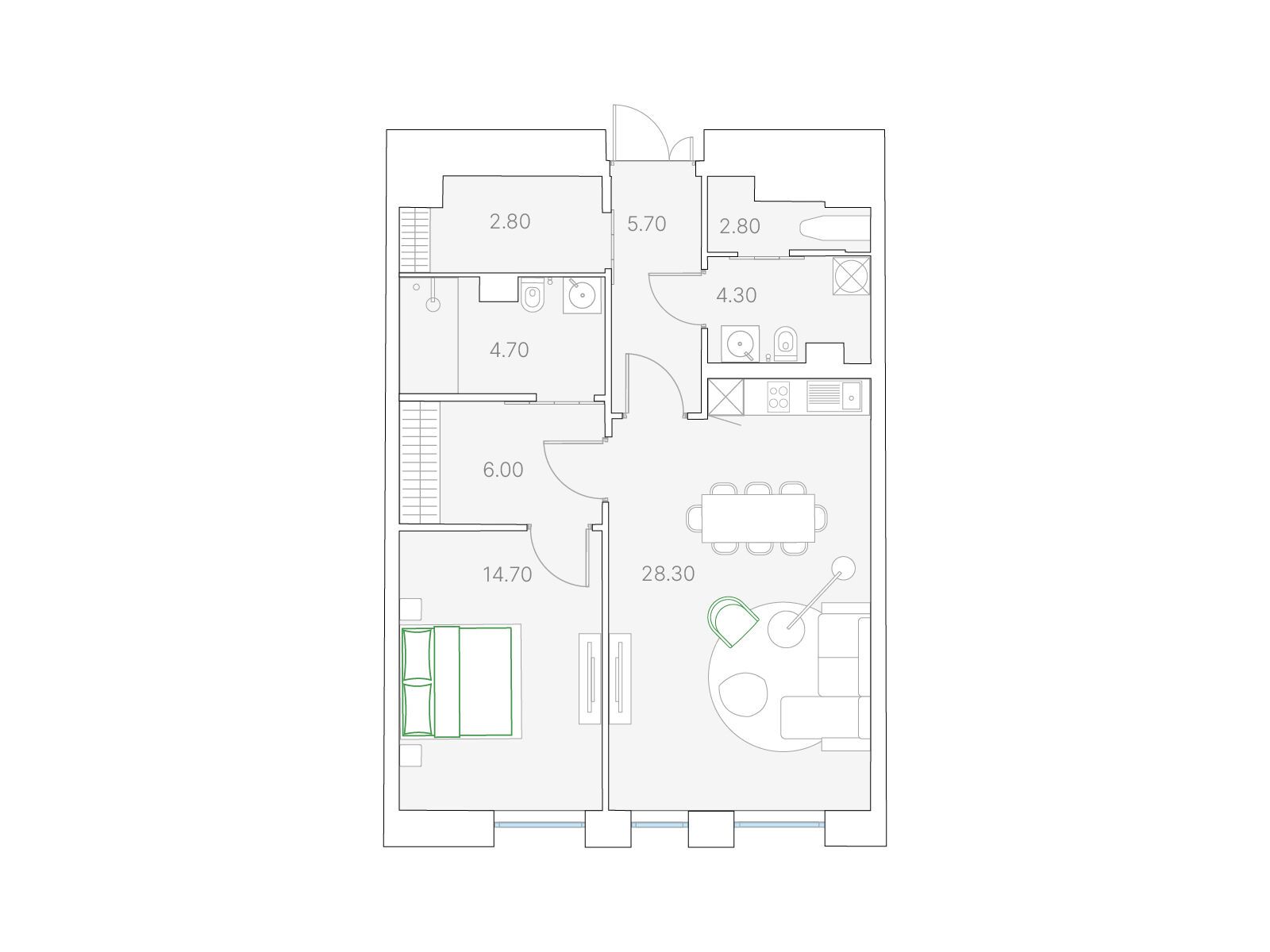 Планировка: 1-комн. квартира 73.00 м² в новостройке Дуо