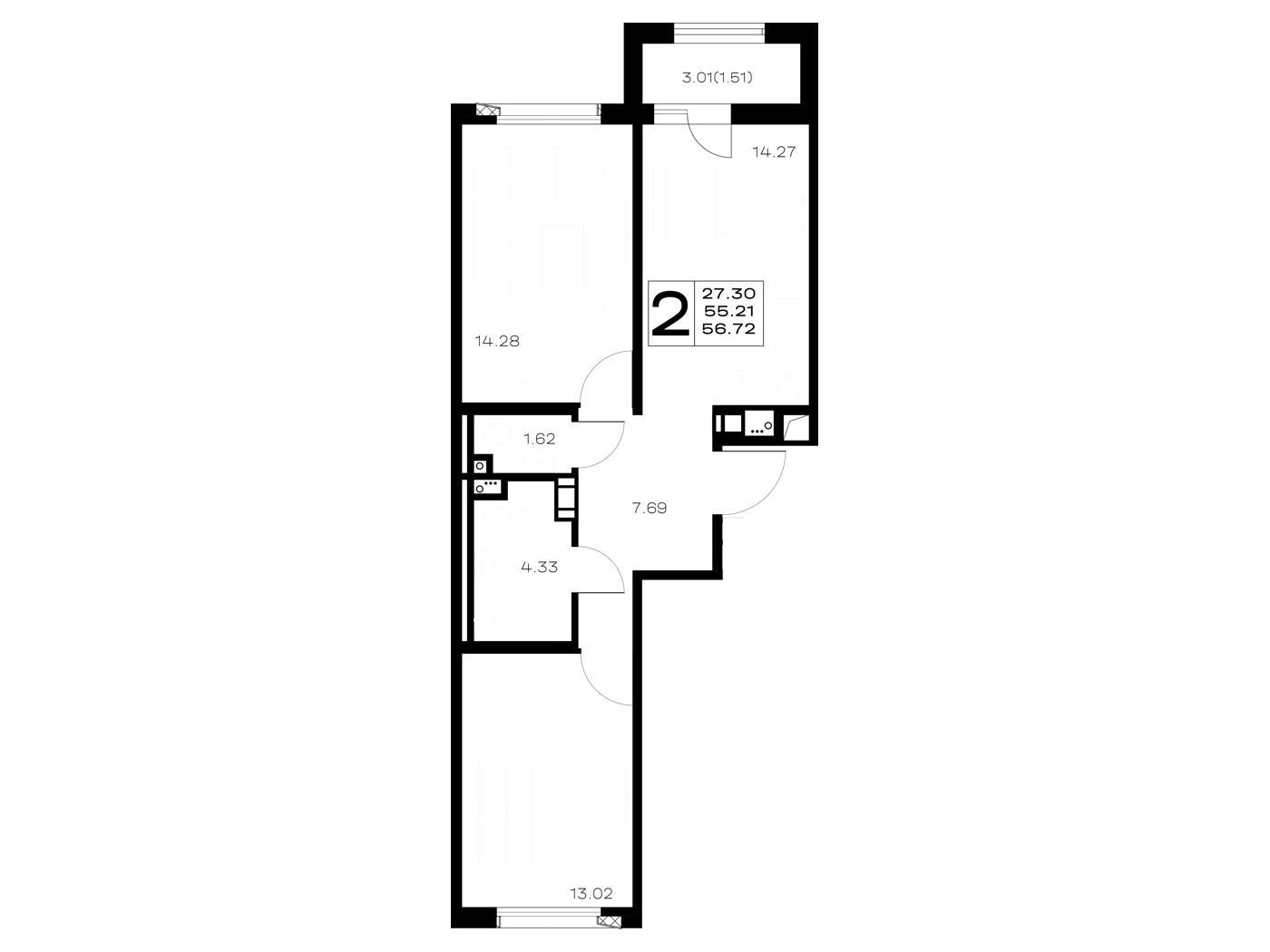 Планировка: 2-комн. квартира 56.72 м² в новостройке Борский