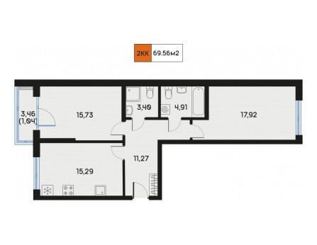 Планировка: 2-комн. квартира 69.82 м² в новостройке Дом Регенбоген