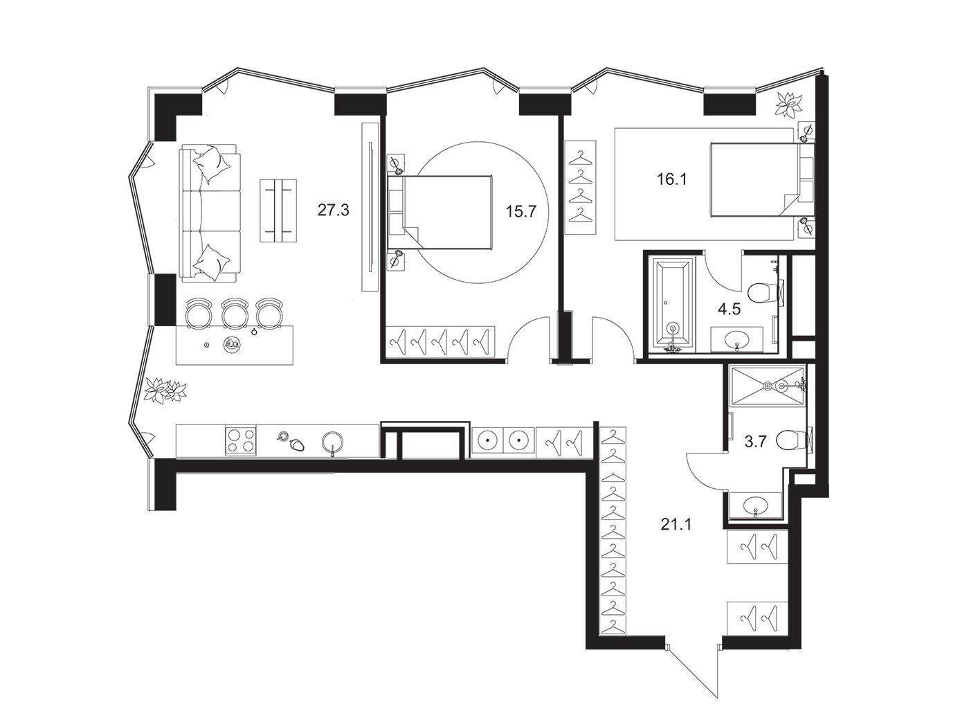 Планировка: 2-комн. квартира 88.40 м² в новостройке А.Резиденс