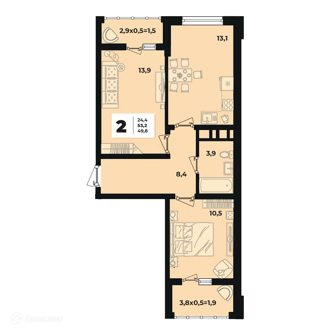 Планировка: 2-комн. квартира 53.20 м² в новостройке Грани
