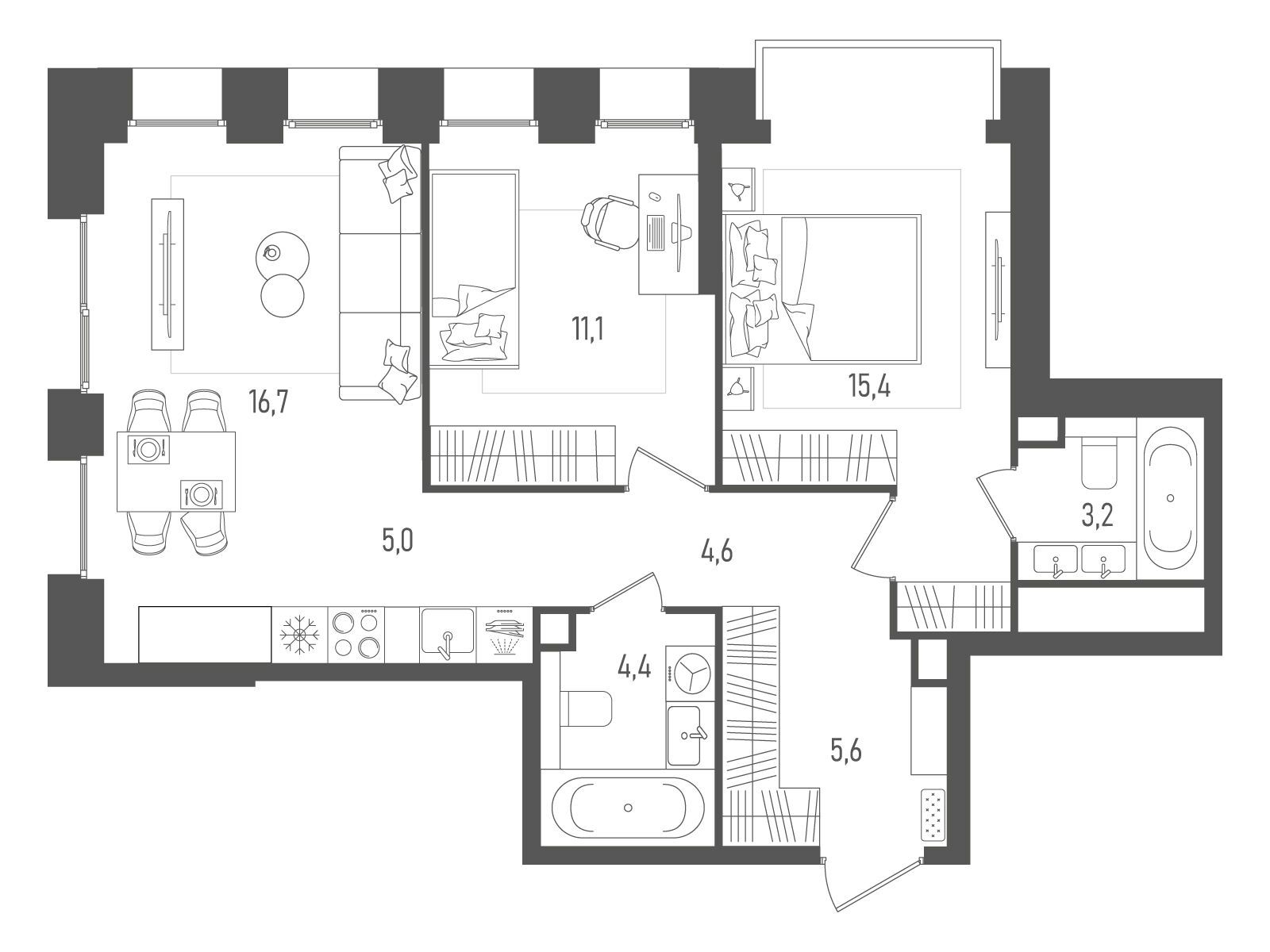 Планировка: 2-комн. квартира 66.00 м² в новостройке Пейв